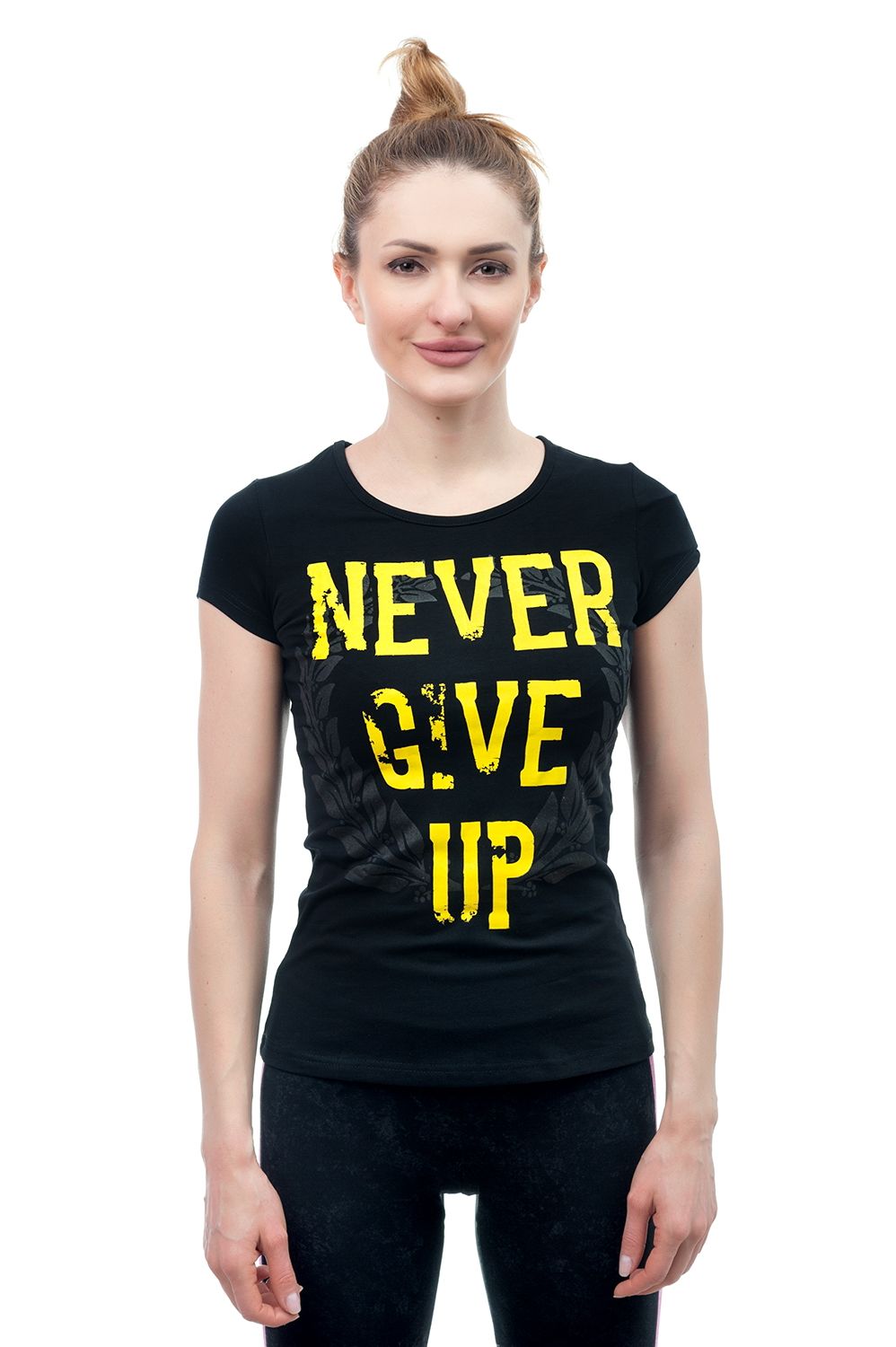 Women's T-shirt Never give up, Черный, XS