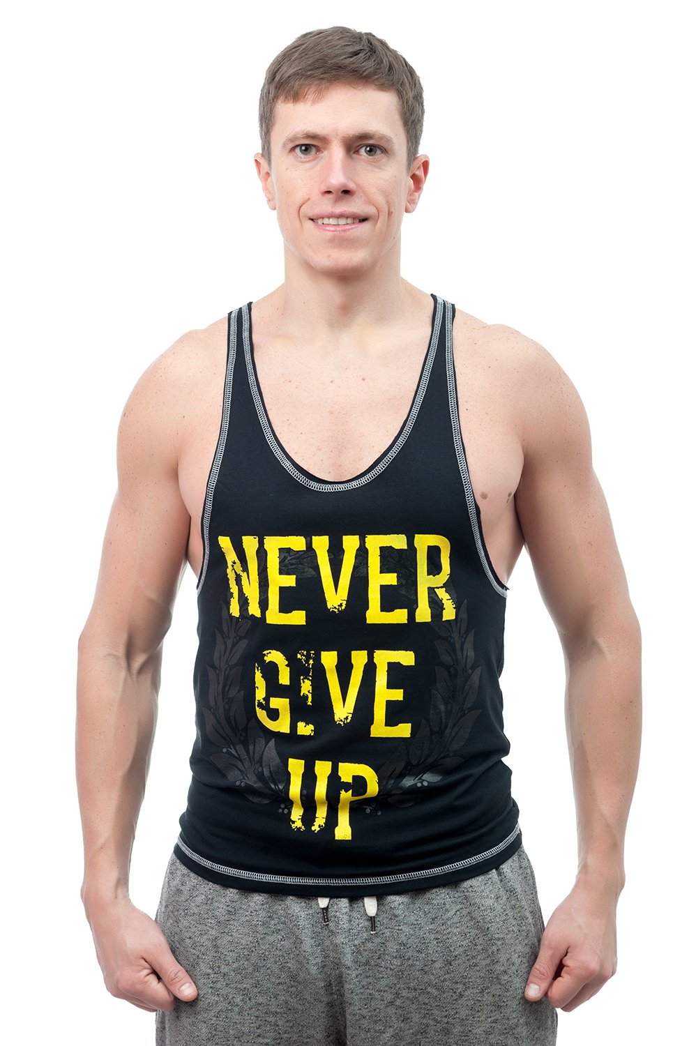Men`s Stringer tank top Never give up, black, yellow print, size L