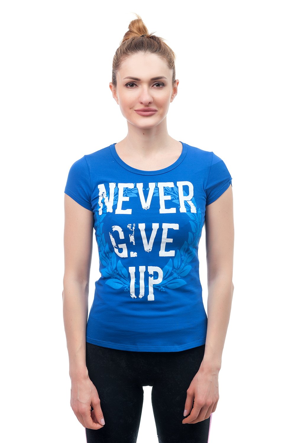 Women's T-shirt Never give up, blue, electric, XS